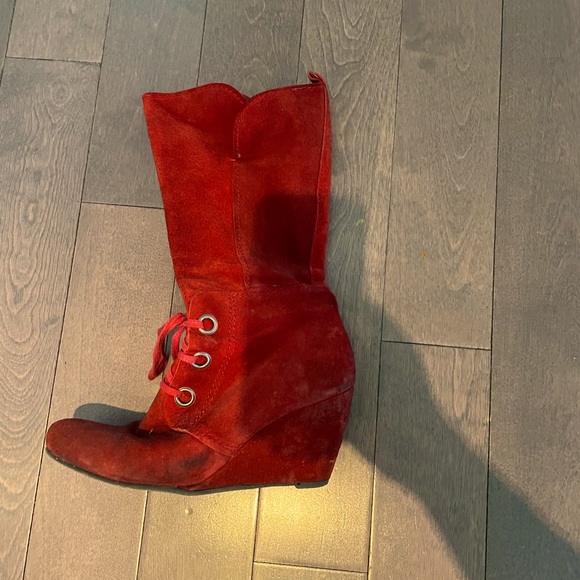 Suede Mid Calf Red Wedge Boot - Picture 2 of 5